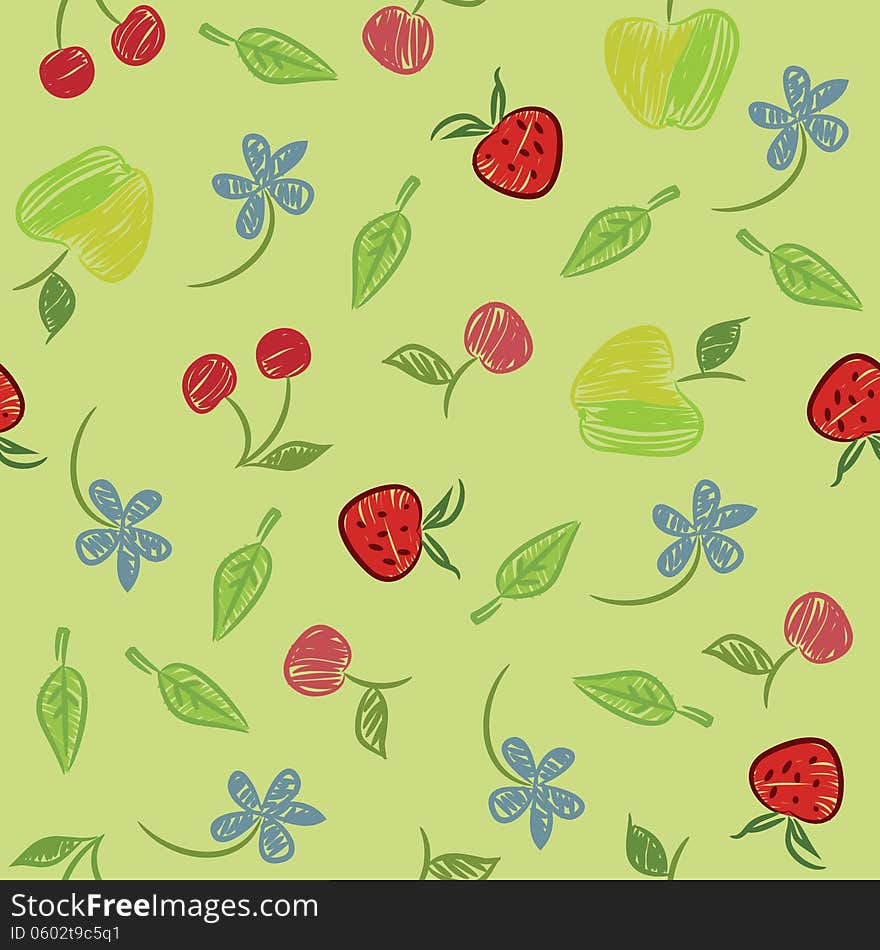 Seamless background with fruits and berries, pencil sketches.
