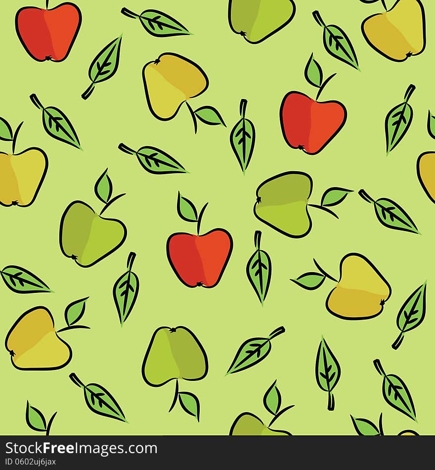 Seamless pattern with green, red apples and leaves. Seamless pattern with green, red apples and leaves.