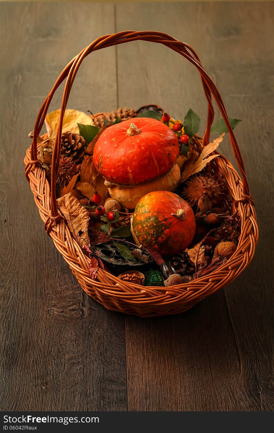 Pumpkins sitting on fall leaves