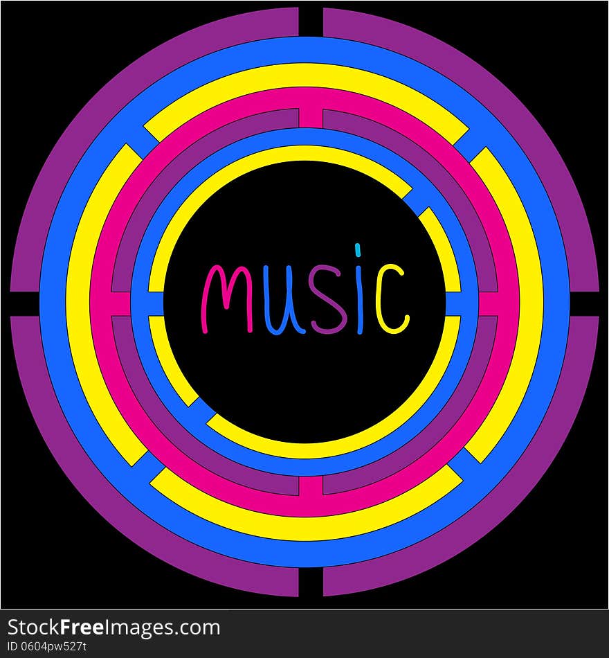 Colorful circles and word Music. Card. Vector illustration