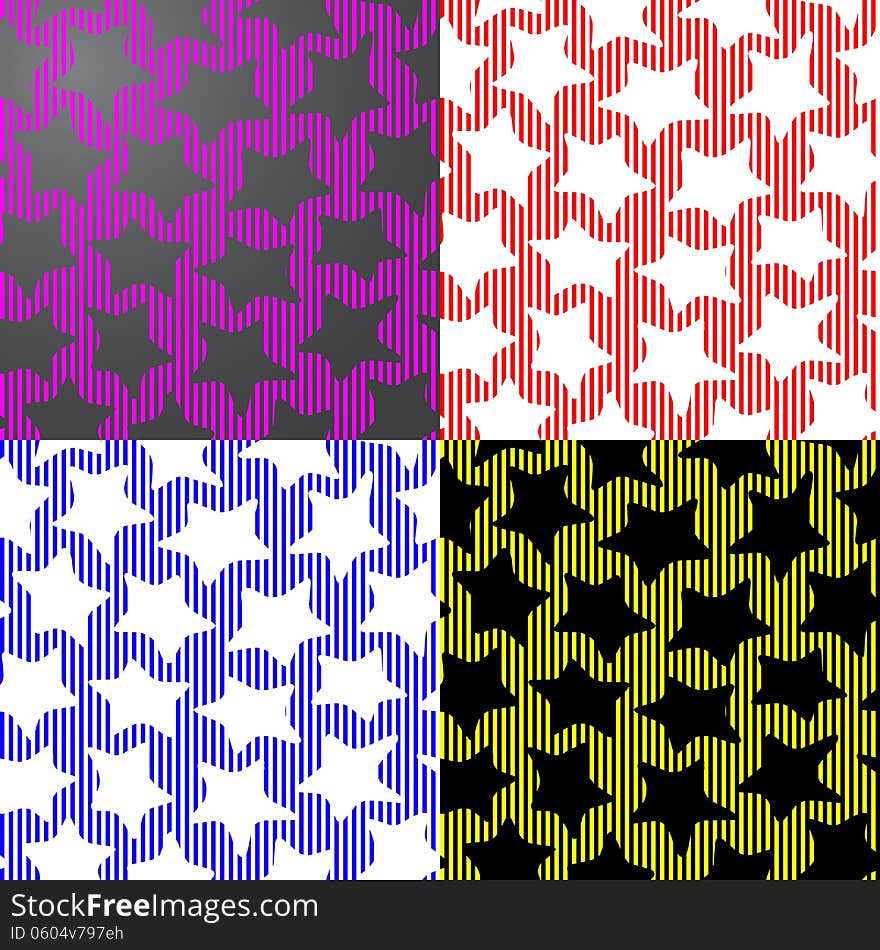 Four seamless colorful patterns made of stripes and abstract dancing stars. Four seamless colorful patterns made of stripes and abstract dancing stars