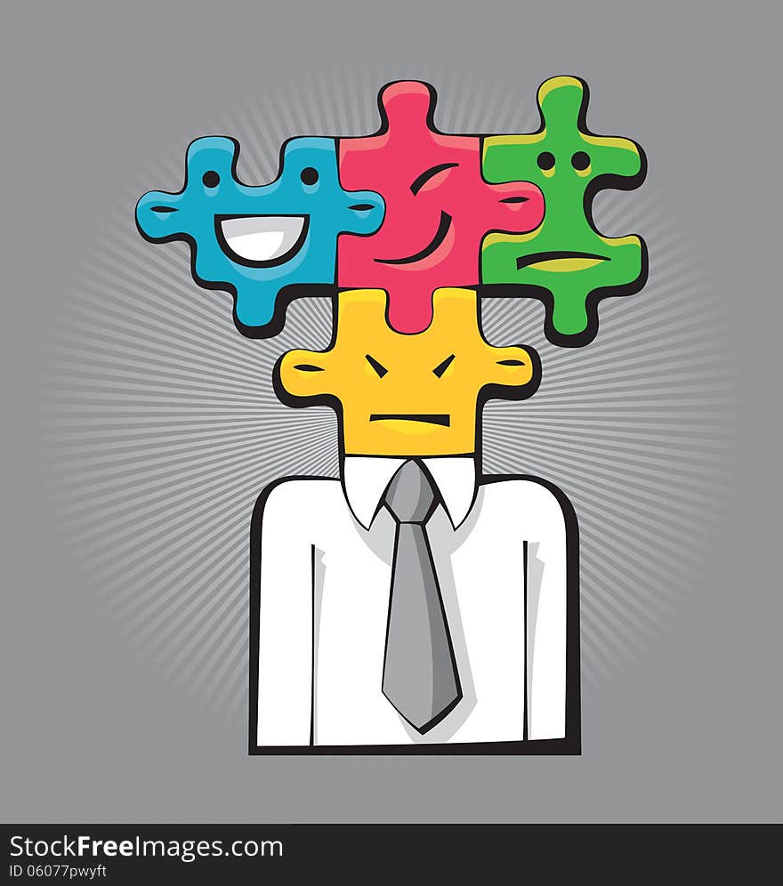 Illustration of a businessman with four different faces as puzzle game. Illustration of a businessman with four different faces as puzzle game