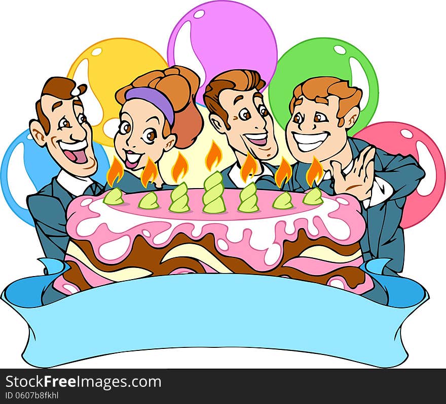 The illustration shows a few of office workers. They note corporate holiday. This three men and one woman, and they ready eat a cake. People are joy and smiling in the background balloons.