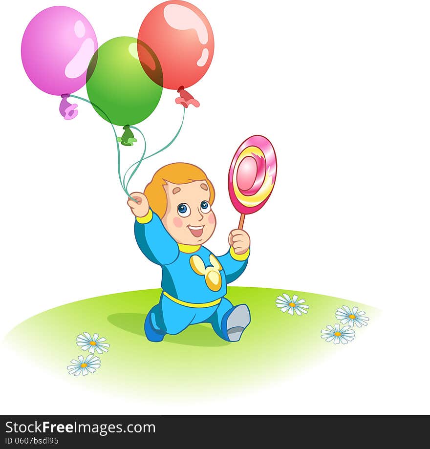 The illustration shows a funny kid. He steps with balloons and lollipop in hand. Illustration done in cartoon style. The illustration shows a funny kid. He steps with balloons and lollipop in hand. Illustration done in cartoon style.