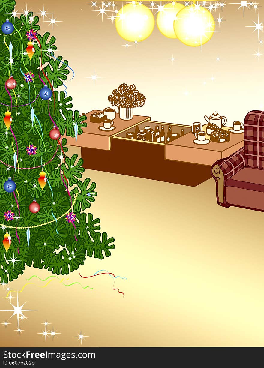 The illustration shows the interior of a room in which there is a Christmas tree and decorations. There is a place for text, performed on separate layers.