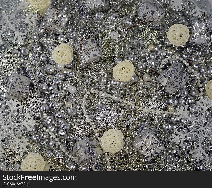 New Year silver background with snowflakes and decorations