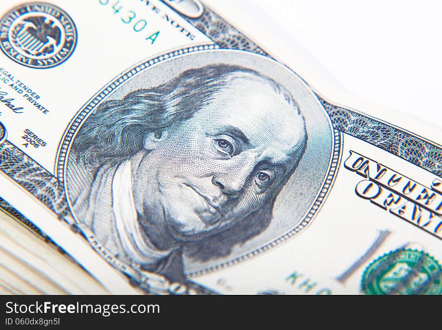 Close-up portrait of Franklin on the 100 dollar a banknote