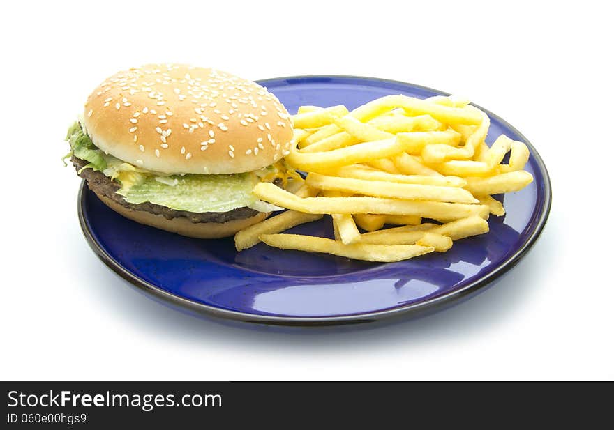 Hamburger with french fries on white background