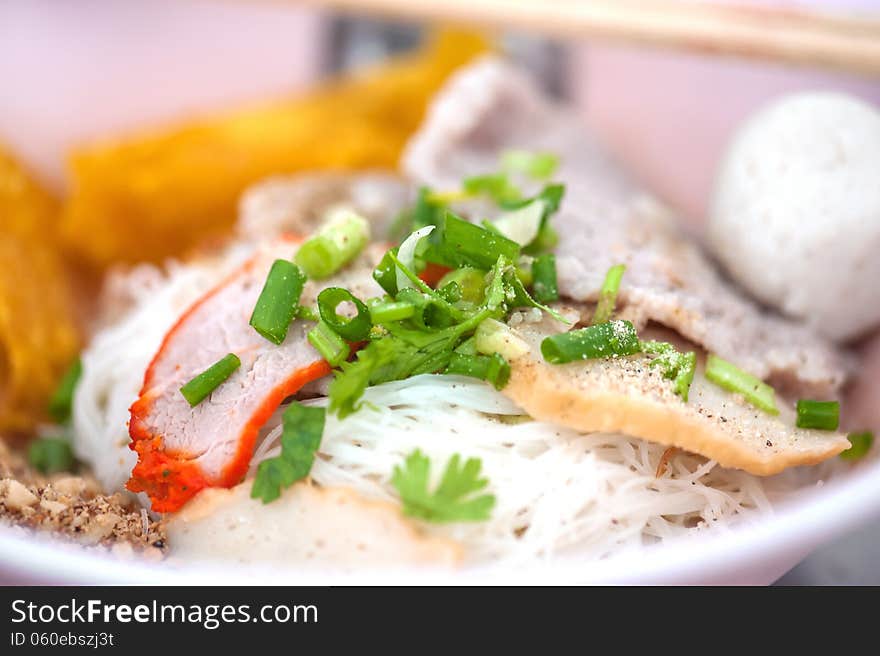 Bowl of traditional Chinese red pork noodles no soup