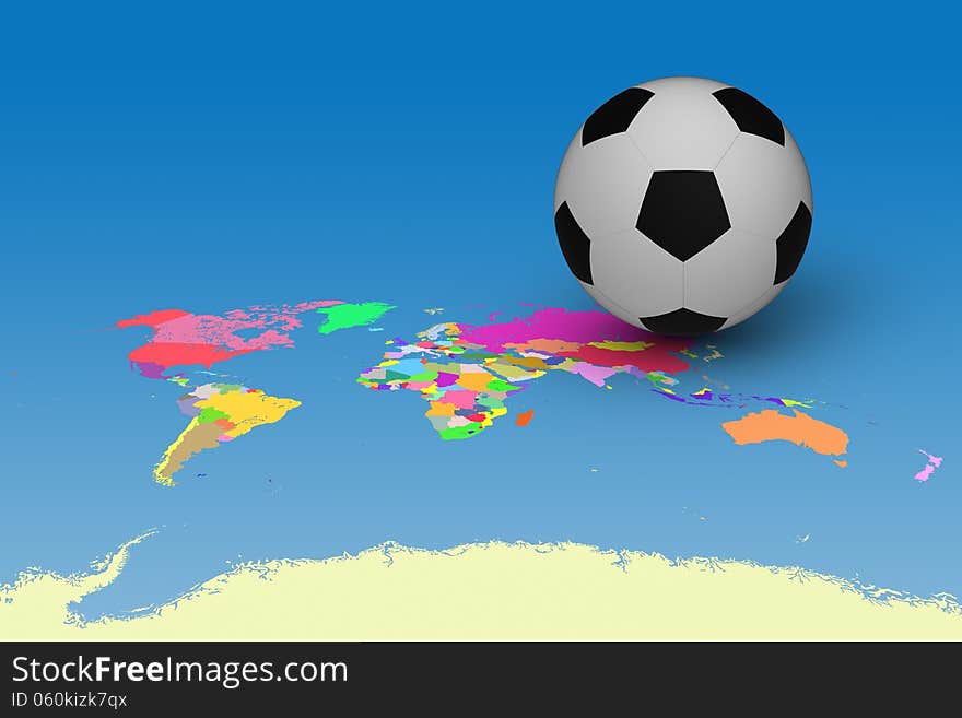 3D model of football on World and countries map to presented about World Cup. 3D model of football on World and countries map to presented about World Cup