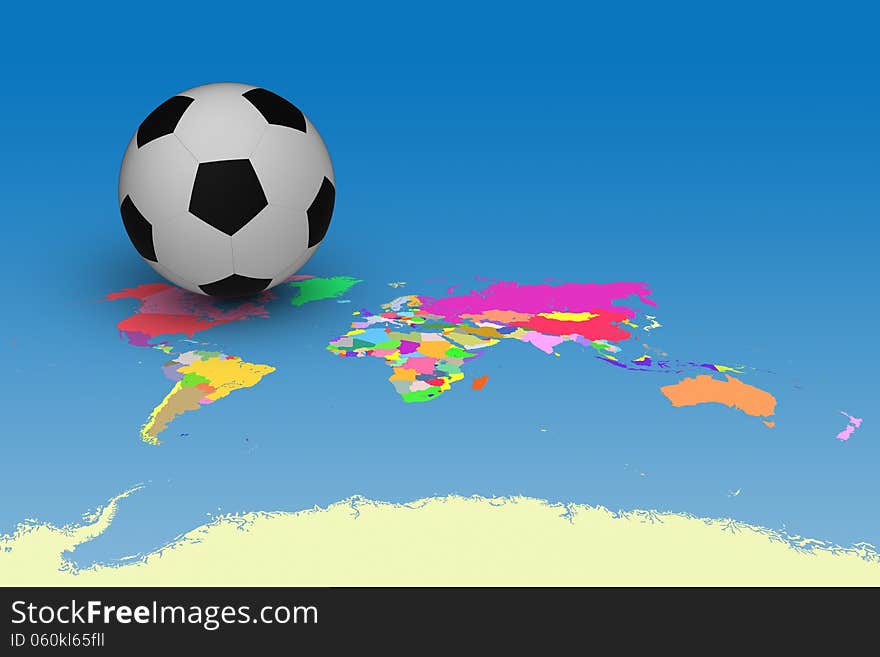 3D model of football on World and countries map to presented about World Cup. 3D model of football on World and countries map to presented about World Cup