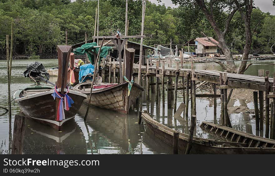 Environment around mangrove forest with wooden boats