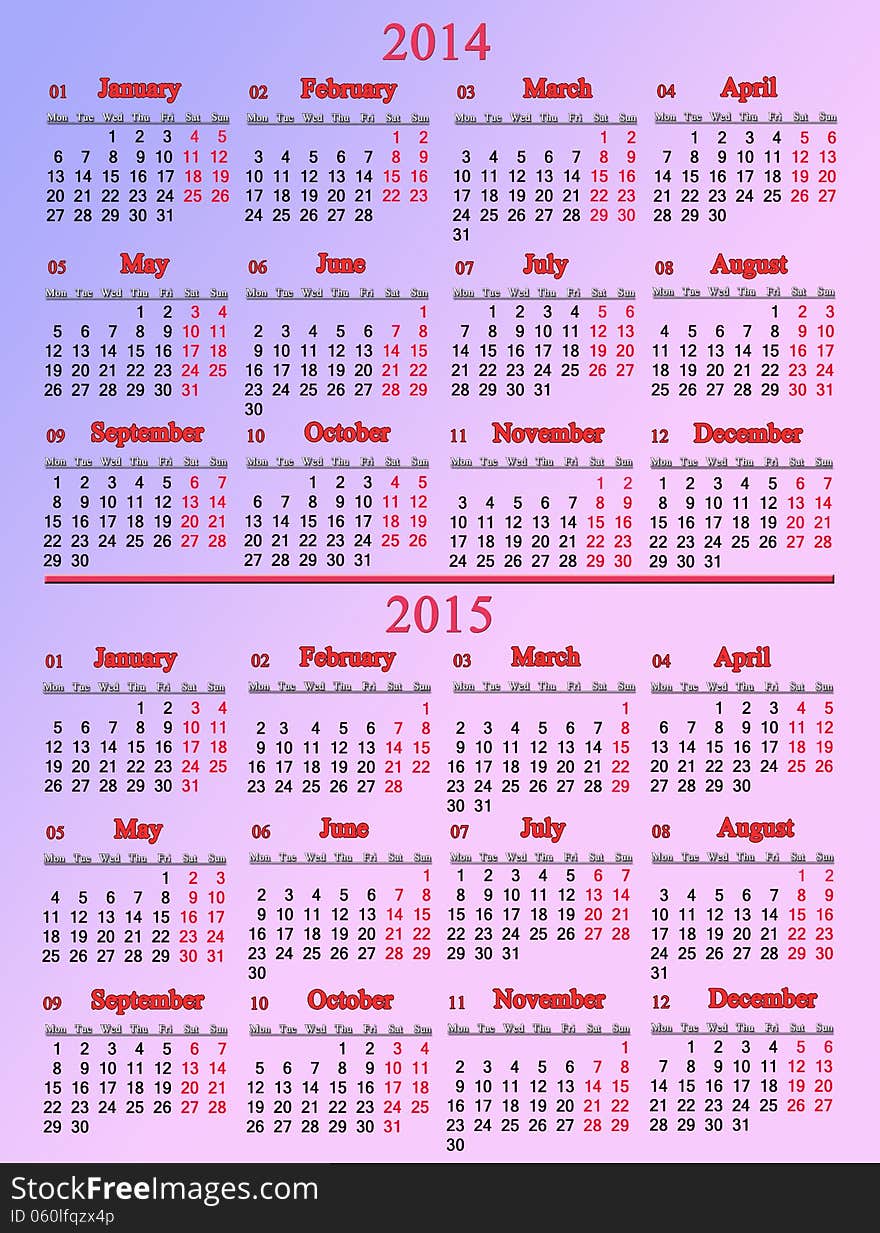 Usual pale rose calendar for two nearest years