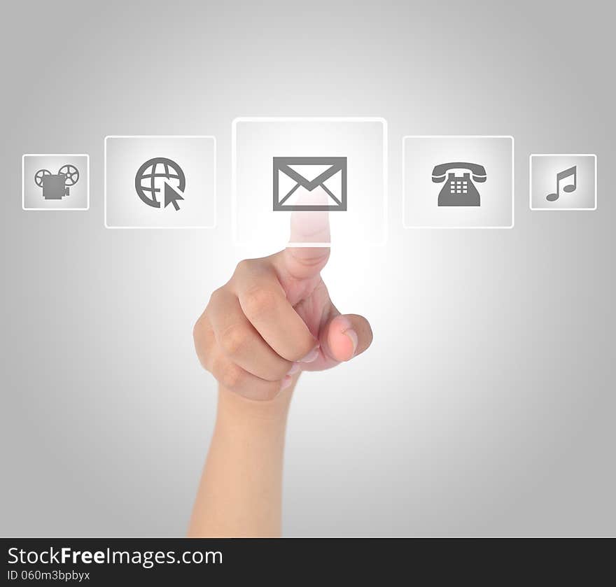 Hand touching media interface in virtual space for message icon