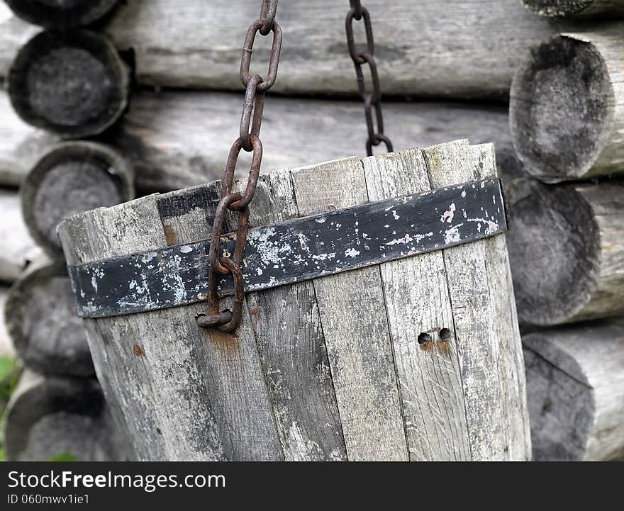 Close-up old wooden bucket.