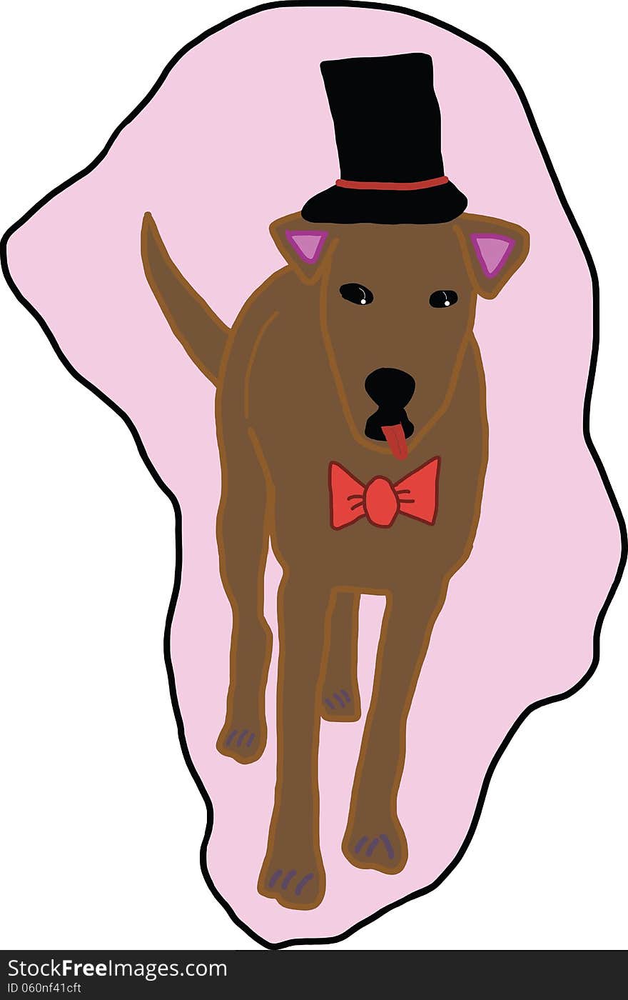 A picture digital art of tint brown dog was black hat and red bow tie. A picture digital art of tint brown dog was black hat and red bow tie