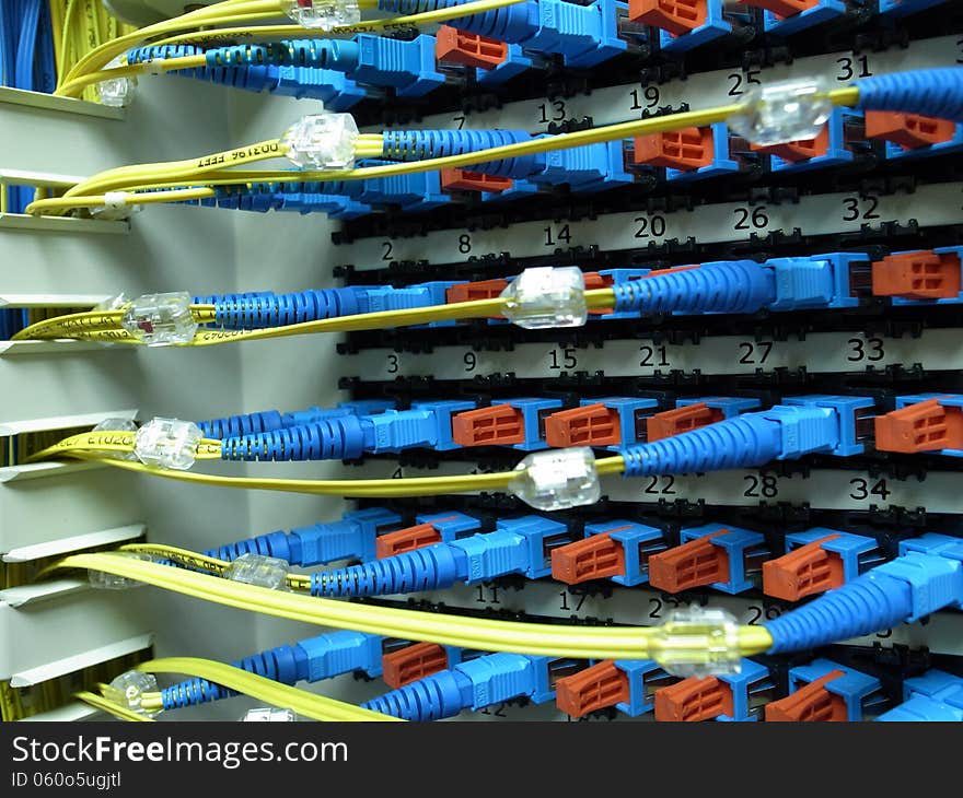 The optical fiber connectors in a patch panel. The optical fiber connectors in a patch panel.