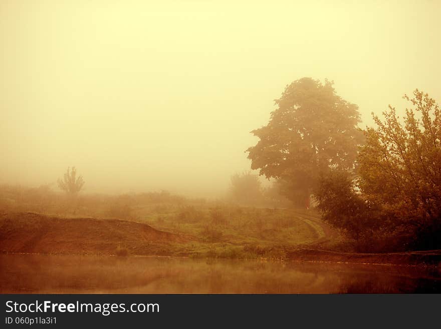 Morning lake and tree in fog in autumn. Morning lake and tree in fog in autumn