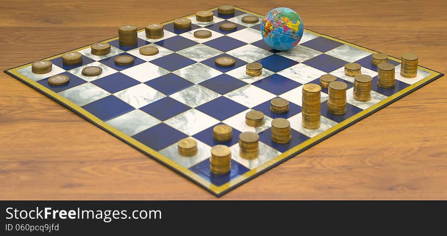 Money globe earth world chess play game box shape concept golden blue white. Money globe earth world chess play game box shape concept golden blue white