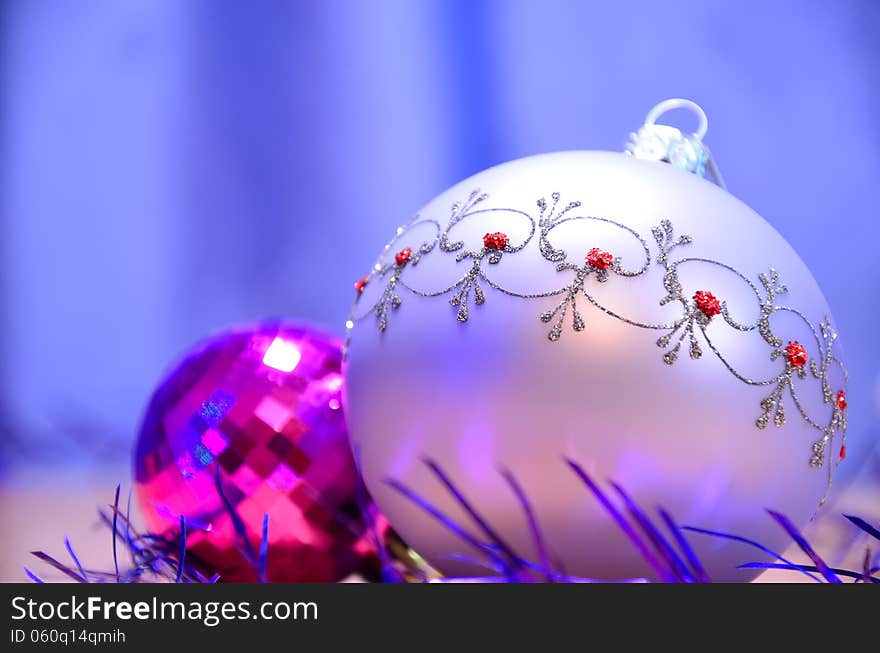 Christmas balls on table. New Year background.