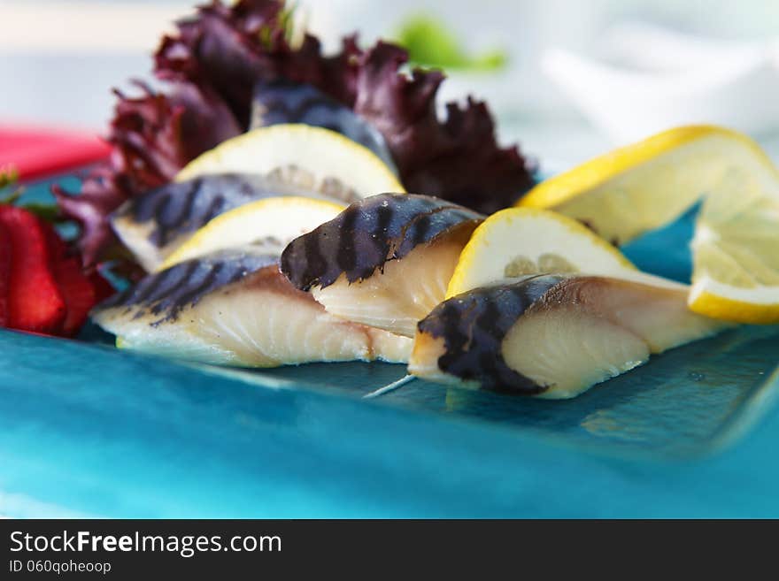 Saba Sashimi on the plate in restaurant