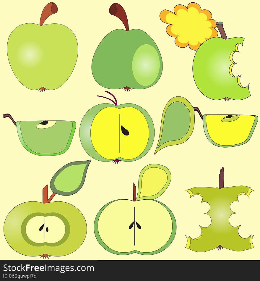 Green apples collection, vector illustration in cartoon style