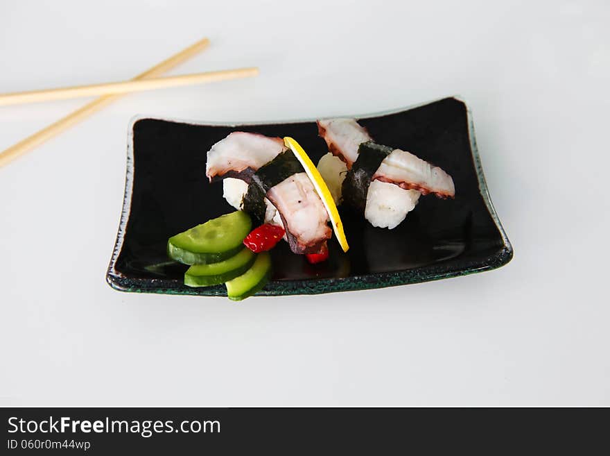 Nigiri Sushi on the plate in restaurant. Nigiri Sushi on the plate in restaurant