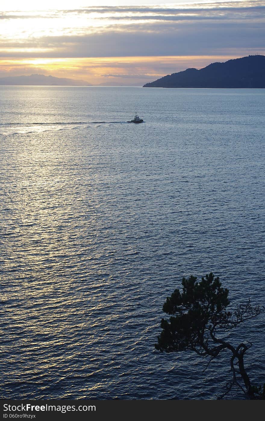 Sunset over Georgia Strait with a view of Vancouver island, Canada