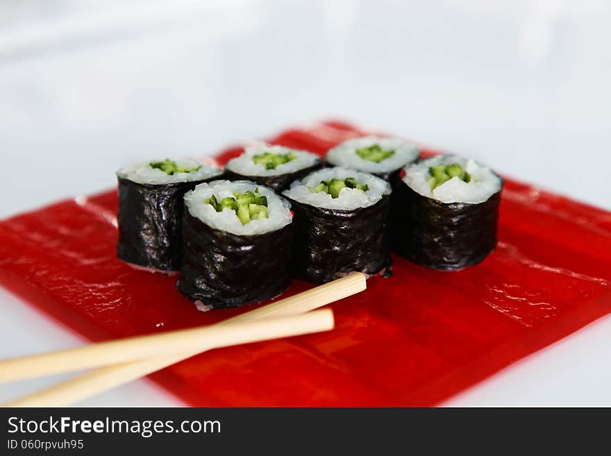 Japanese Food, Maki Sushi on the red plate