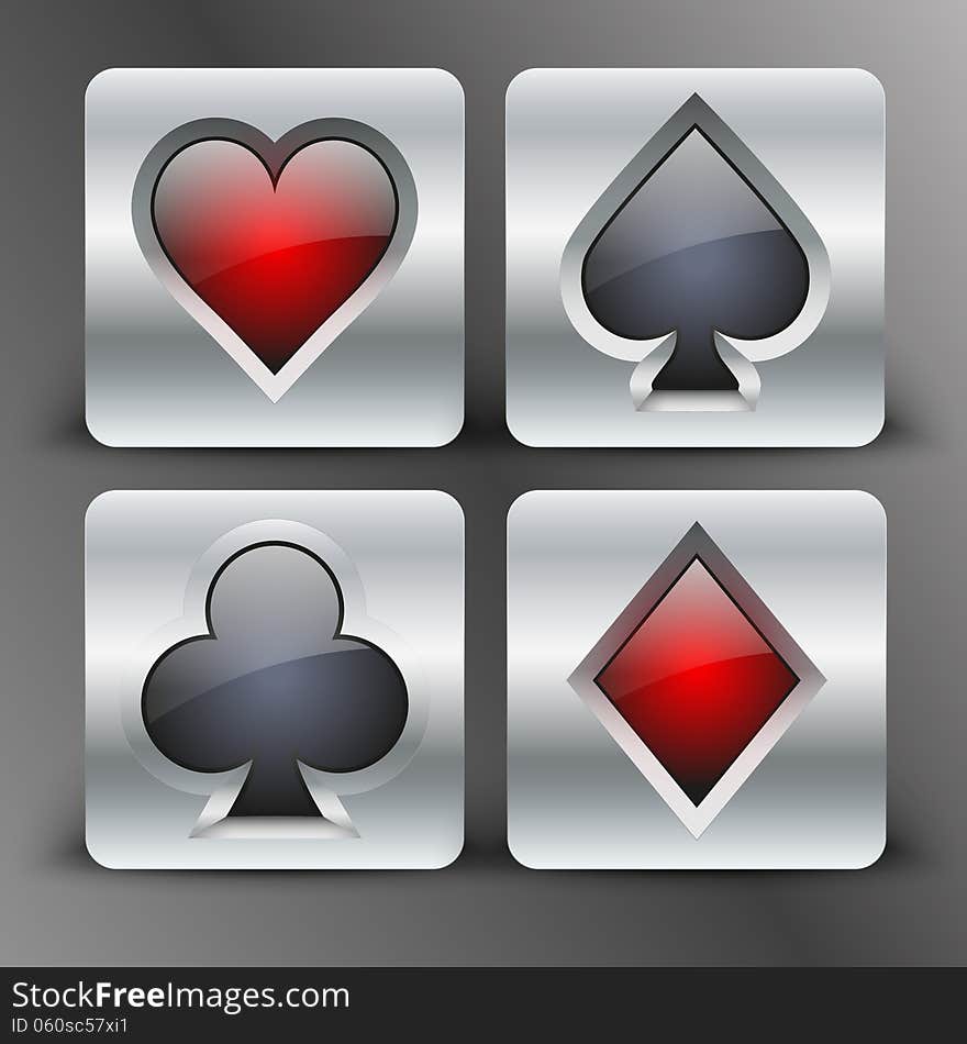 Icons set of four card suits of silver button. Bright symbols of gambling. Vector Illustration, editable and . Icons set of four card suits of silver button. Bright symbols of gambling. Vector Illustration, editable and .