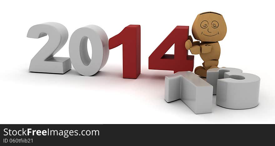 3D Render of a cardboard character bringing in the new year