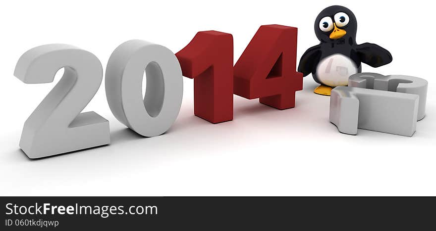 3d render of a penguin character bringing in the new year