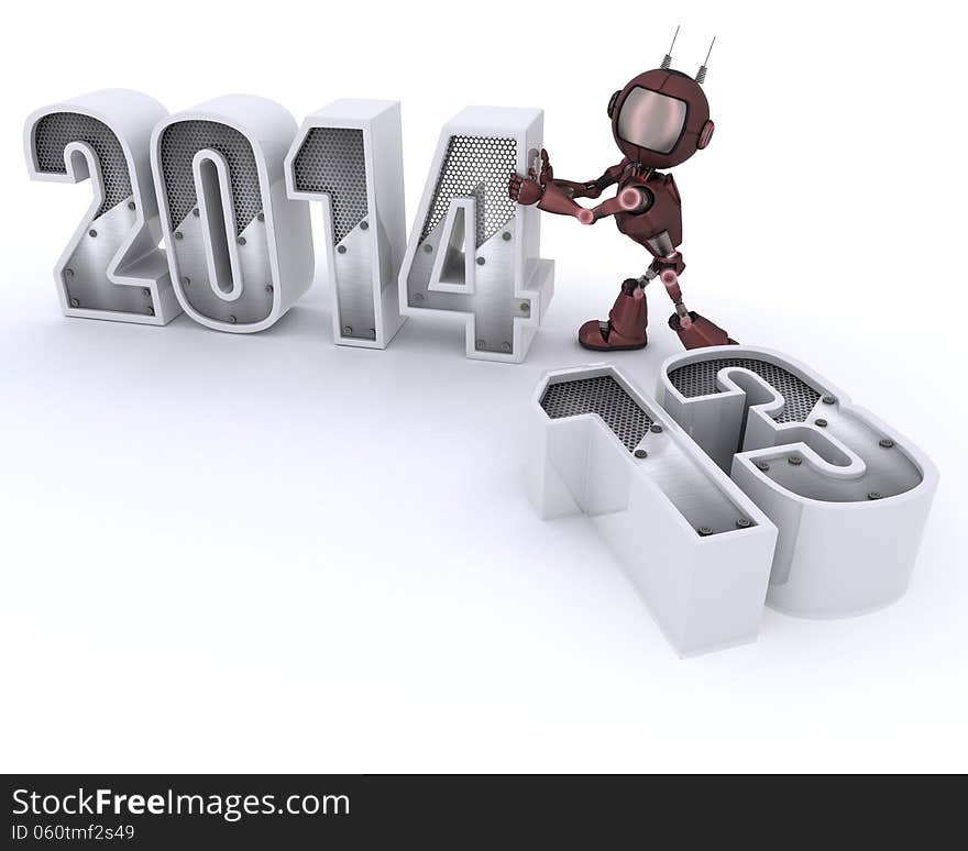 3D Render of an Android bringing in the new year