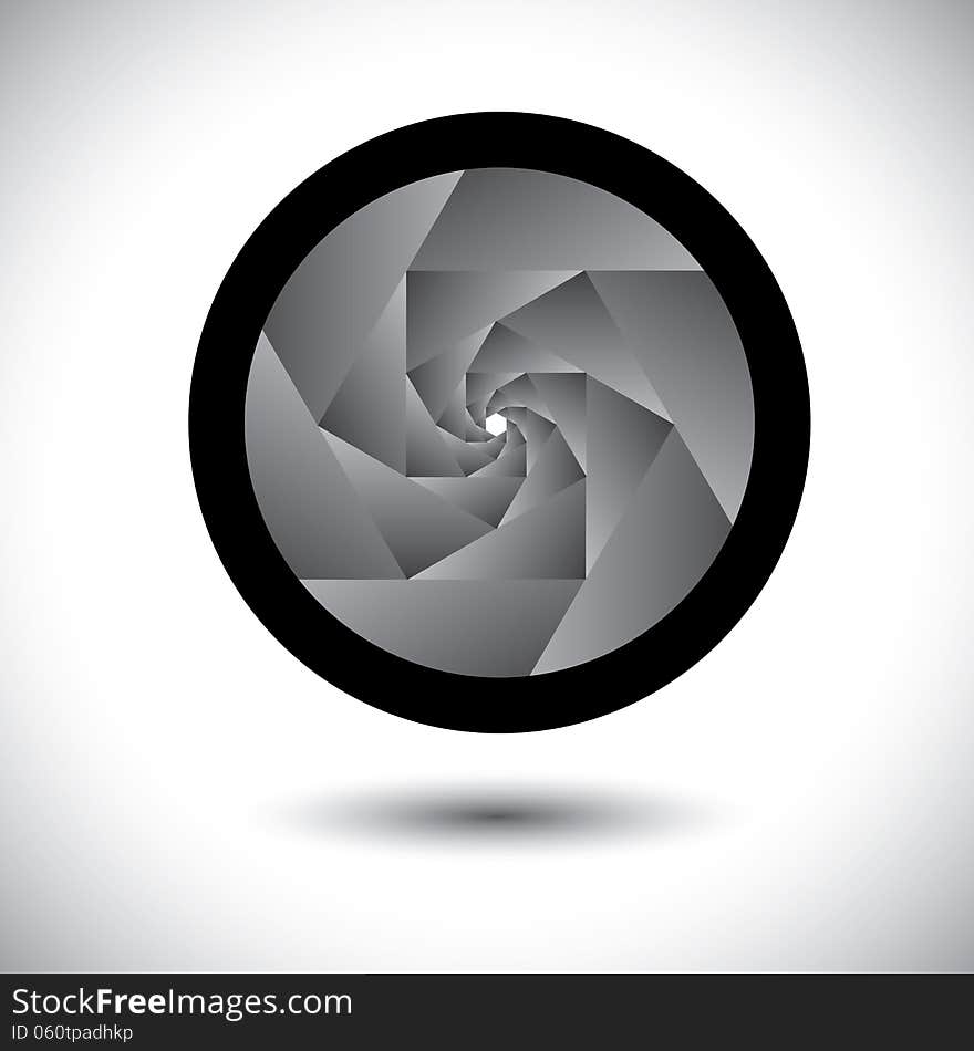 Abstract black & white camera shutter with blades - vector background. The graphic contains aperture opening of SLR camera with infinite concentric spiral of blades