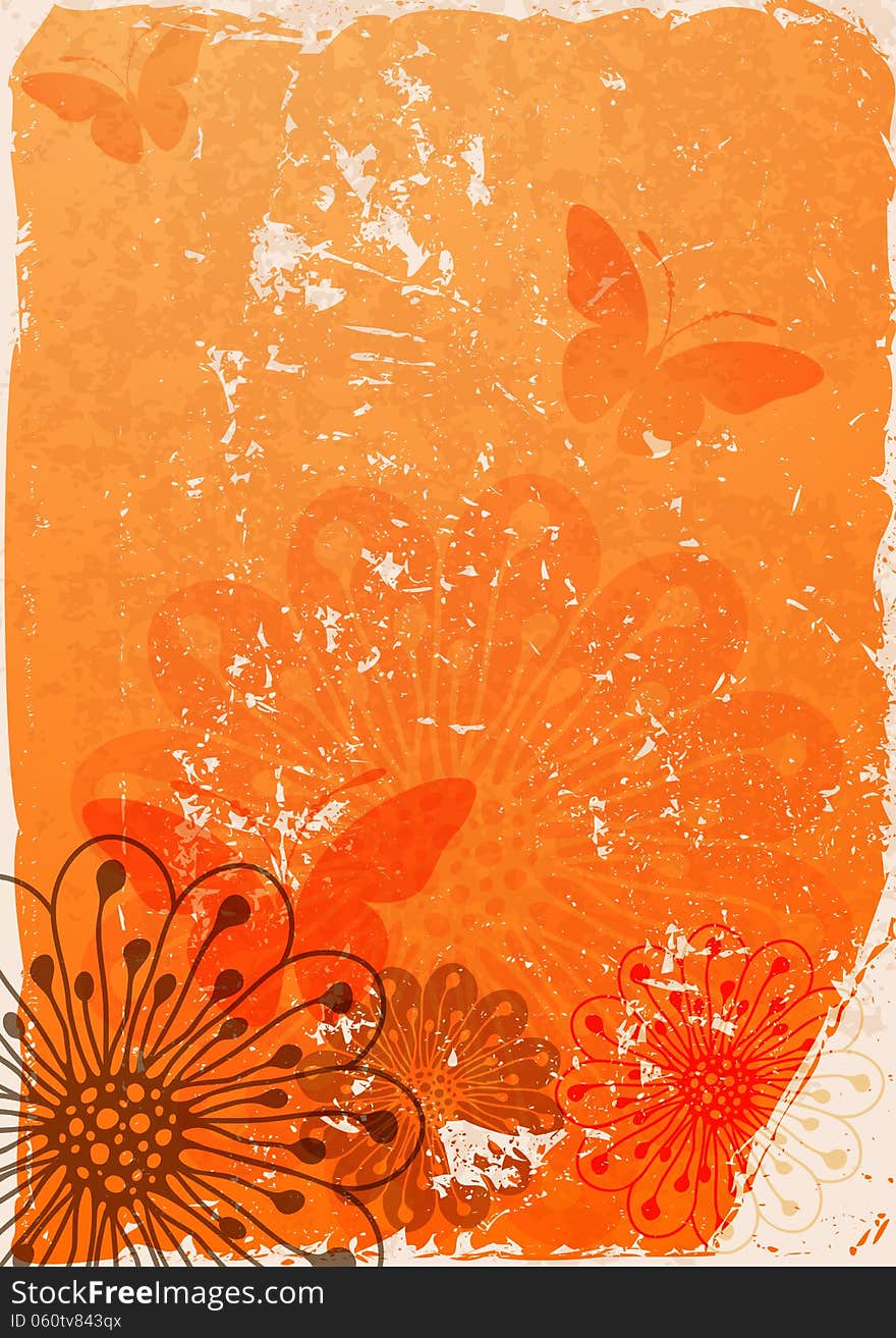 Grunge orange paper with translucent flowers and butterflies (vector EPS 10). Grunge orange paper with translucent flowers and butterflies (vector EPS 10)