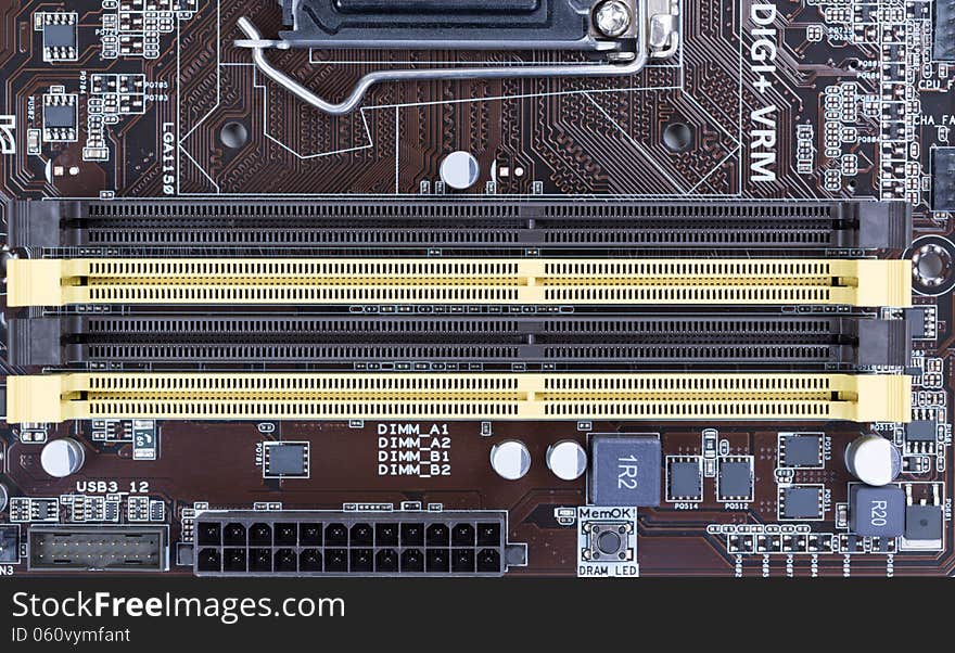 Motherboard close-up slots for SDRAM memory. Motherboard close-up slots for SDRAM memory