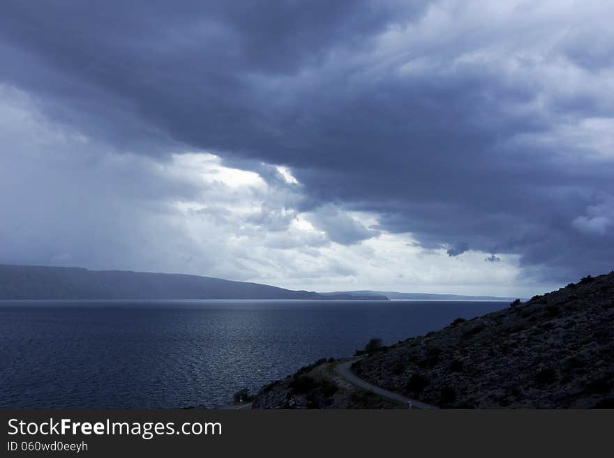 Dramatic skies above the island Krk in the Adriatic Sea, Croatia