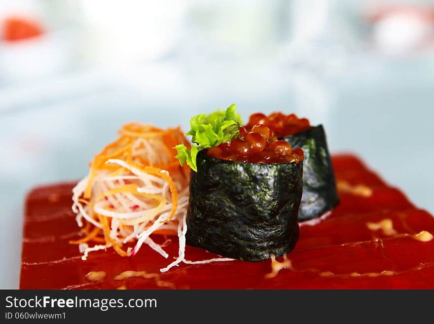 Caviar sushi on the plate in restaurant. Caviar sushi on the plate in restaurant