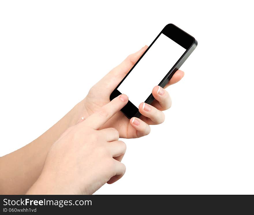 Woman hand holding the phone with isolated screen