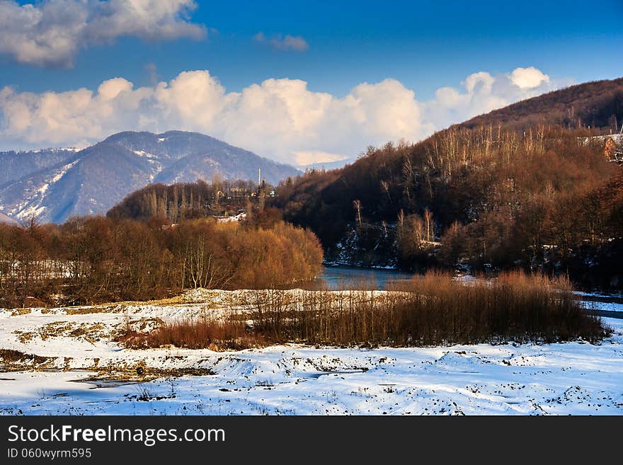 Winter mountain landscape near the village