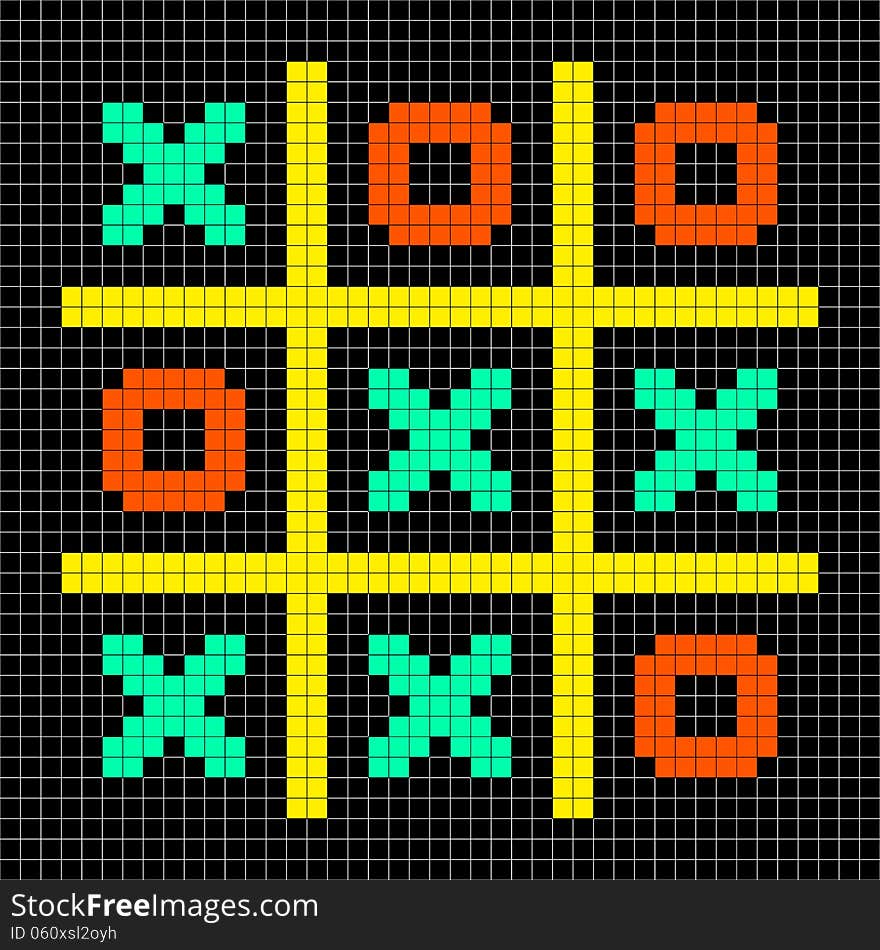 Noughts and crosses stalemate game depicted in 8-bit pixel art. Noughts and crosses stalemate game depicted in 8-bit pixel art