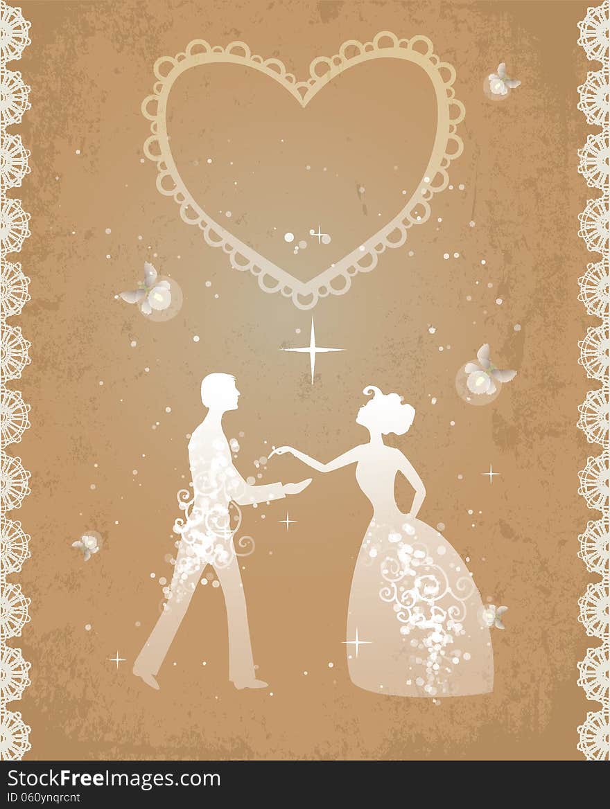 Wedding couple, sparkling and shining. Retro style, fireflies as symbol of happiness and romance. EPS10. Wedding couple, sparkling and shining. Retro style, fireflies as symbol of happiness and romance. EPS10