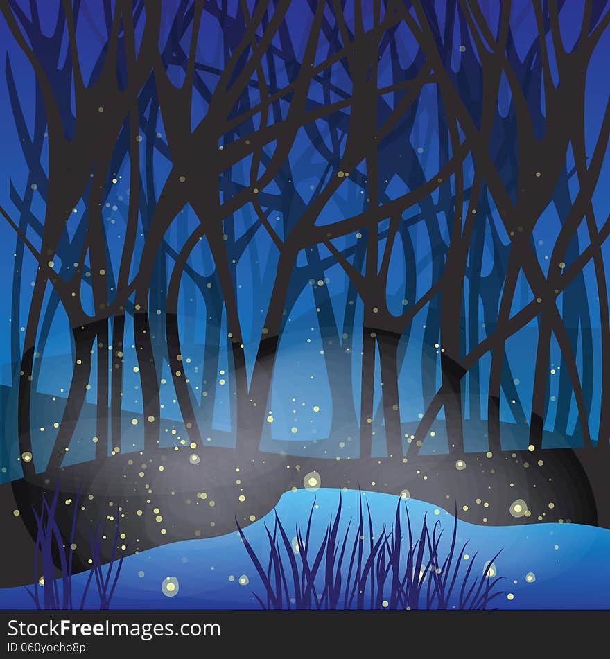 Night Magic Scene With Fireflies.