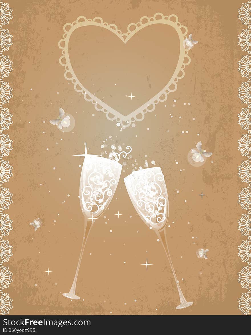 Two glasses of champagne, sparkling and shining. Retro style, fireflies as symbol of happiness and romance. EPS10