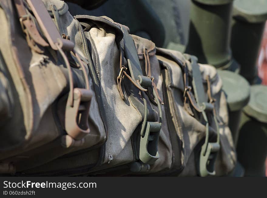 Close up of exterior storage bags of a tank. Close up of exterior storage bags of a tank