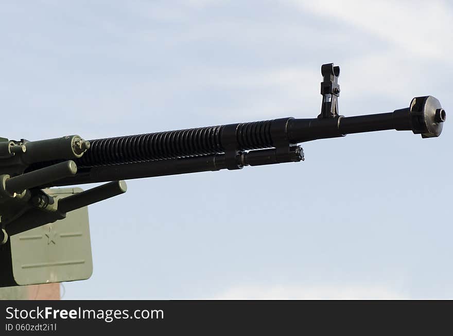 Machine gun barrel at display during Expomil, the Romanian military equipment fair 26-29 September 2013, Bucharest, Romania