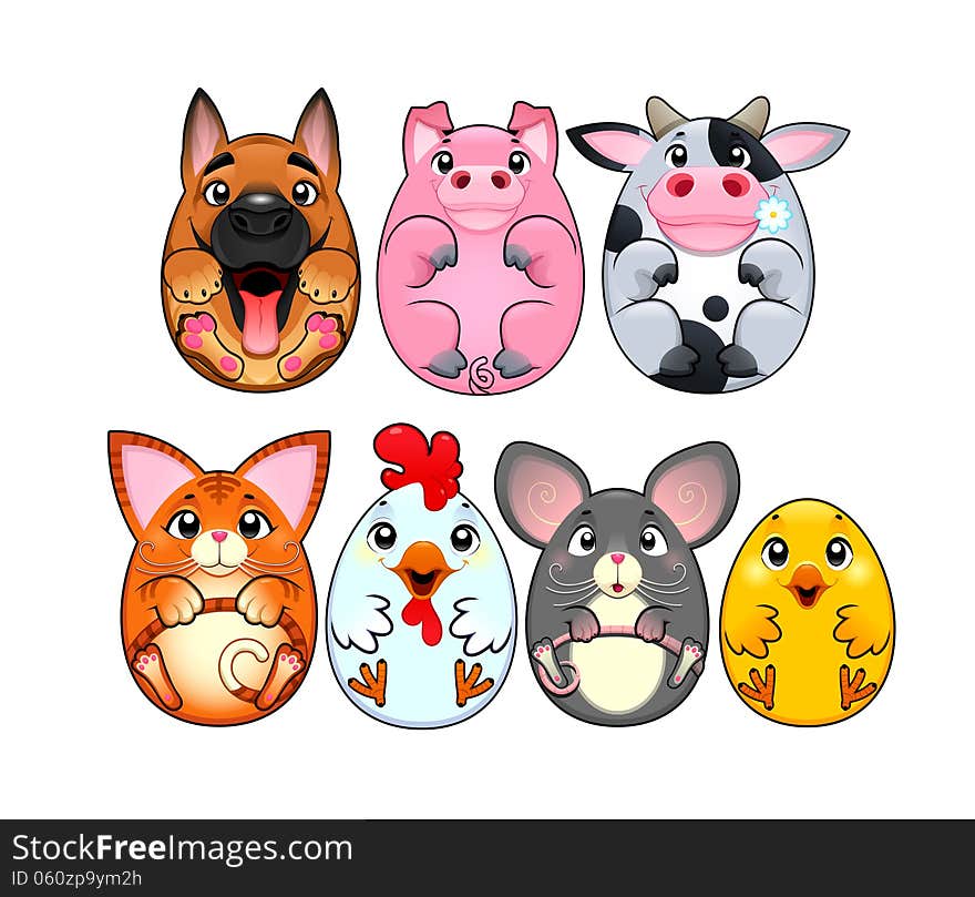 Funny animals rounded like eggs. Cartoon, vector and isolated characters.