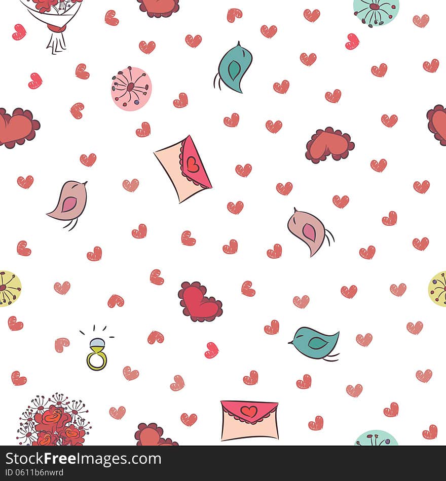 Seamless background for Valentines Day with hearts, birds, love notes and roses. Seamless background for Valentines Day with hearts, birds, love notes and roses.