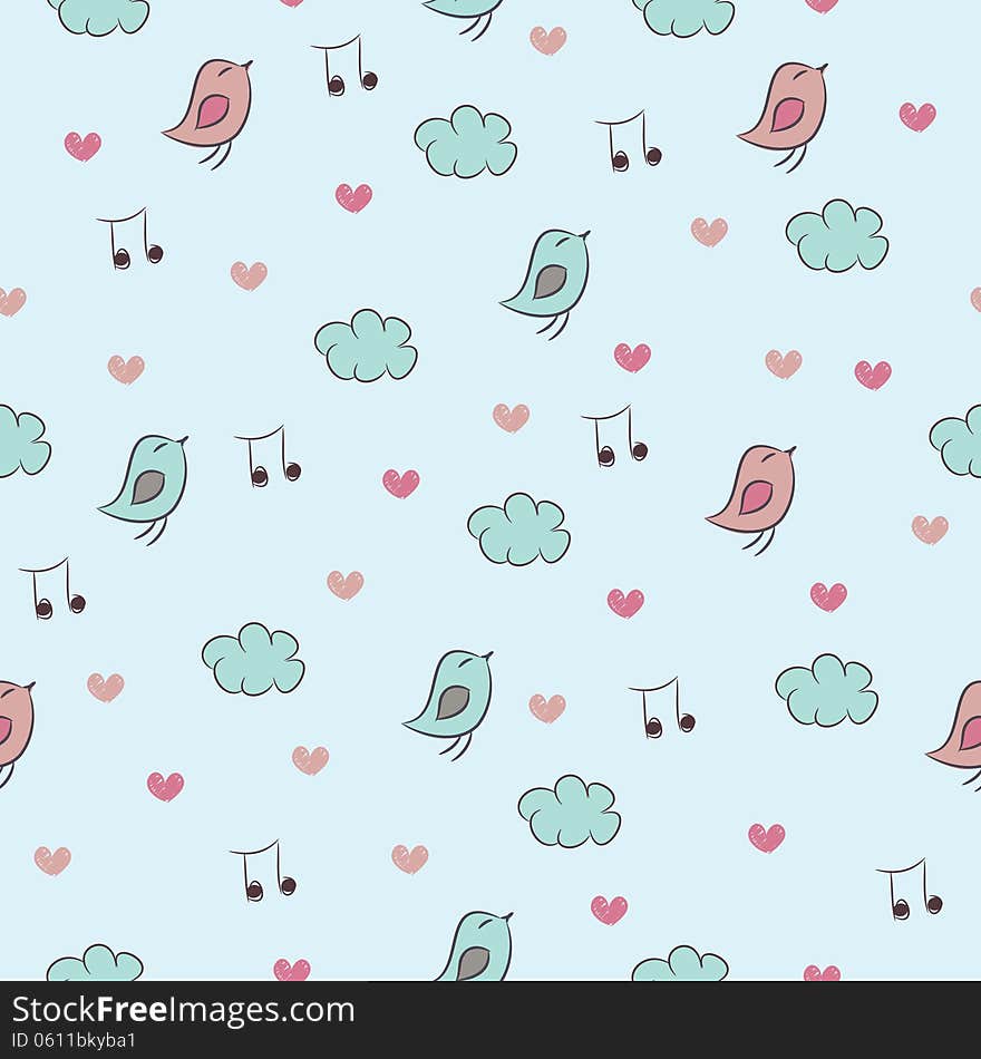 Seamless pattern with blue, pink birds, hearts, clouds and notes. Seamless pattern with blue, pink birds, hearts, clouds and notes.