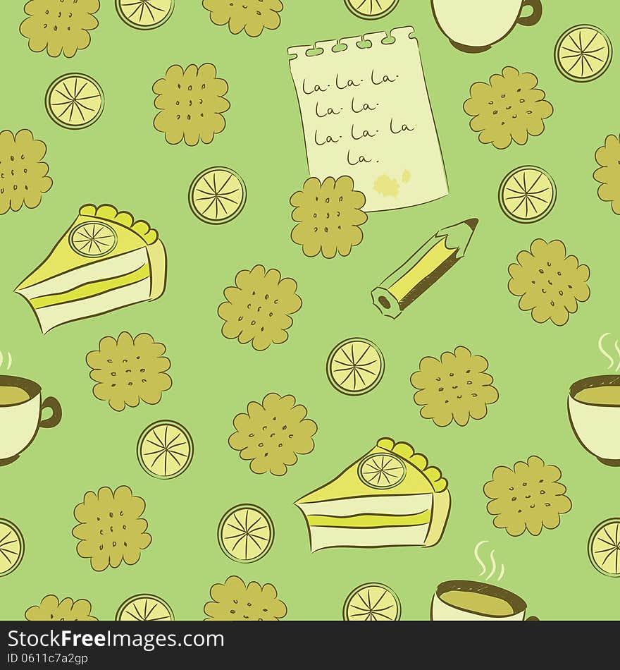 Seamless Pattern With Cakes, Lemon And Tea.